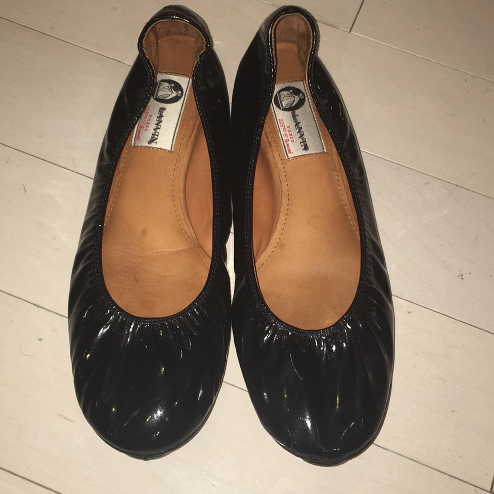 Lanvin Black Patent Leather Ruched Ballet Sz 39 - Picture 1 of 6